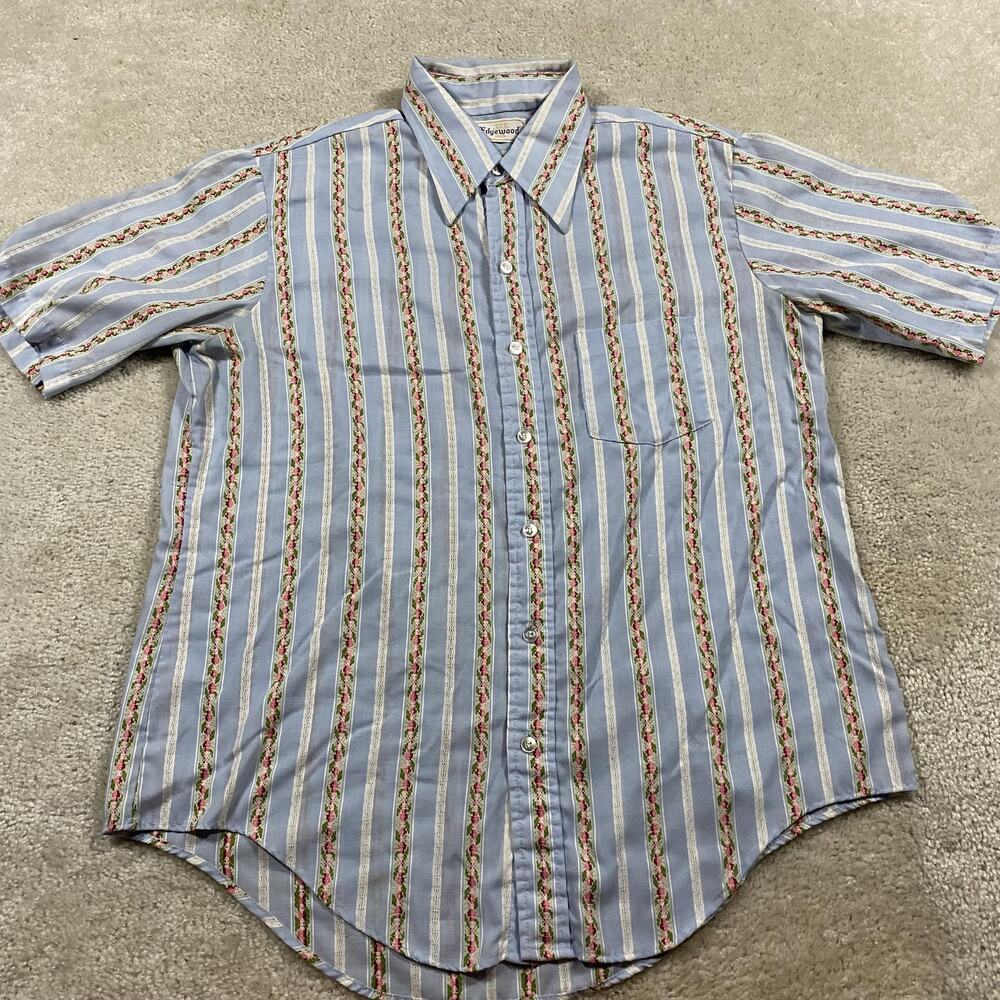 VTG 70s Edgewood Shirt Mens M Blue Stripe Button Up Floral Retro Flared Disco